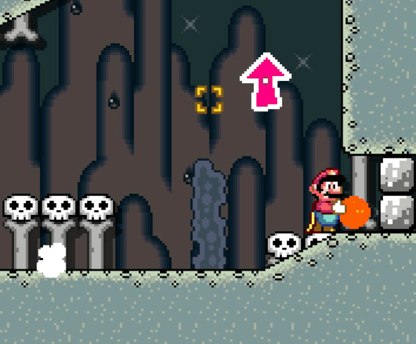 Mario holding a Bob-omb near Hard Blocks